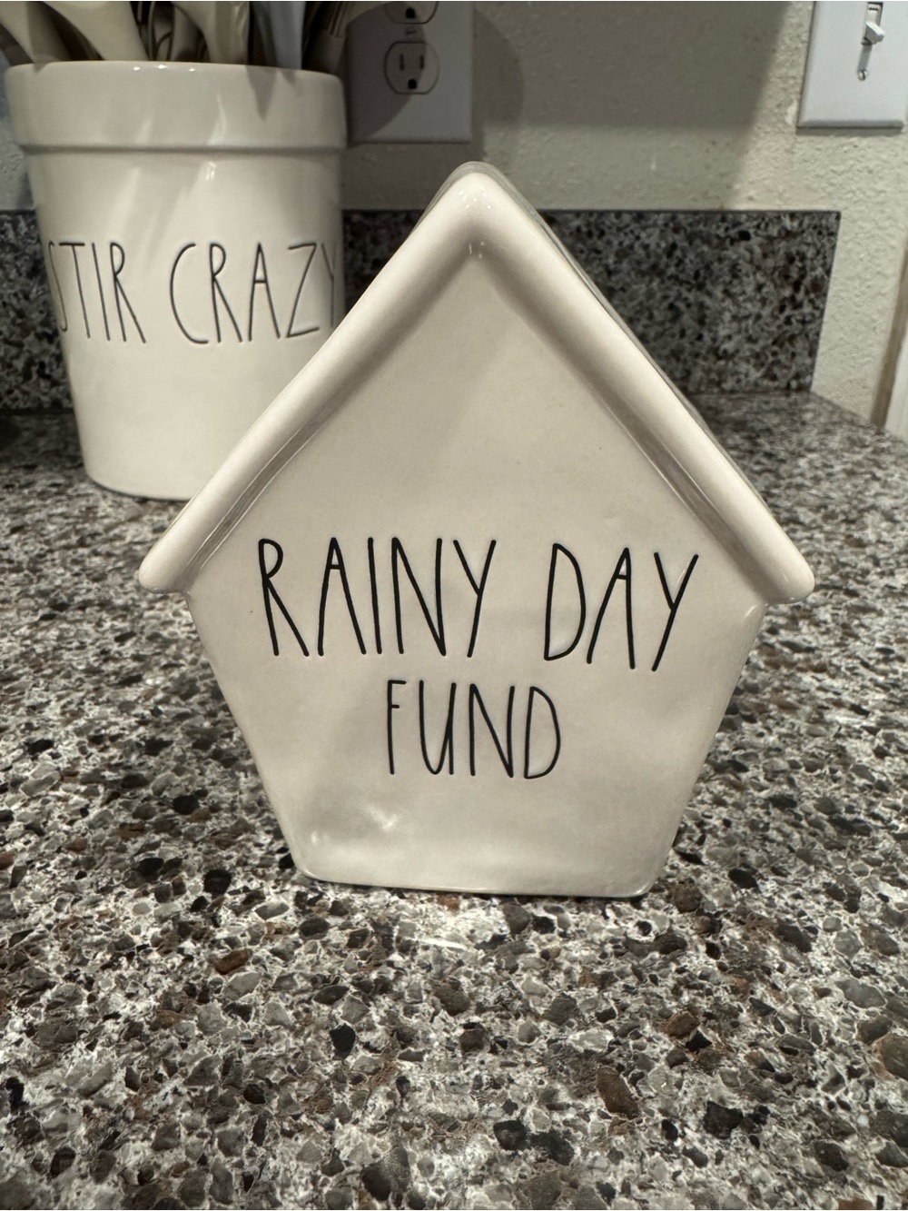 Rae Dunn Cream Ceramic 'Rainy Day Fund' House Bank with Black Lettering